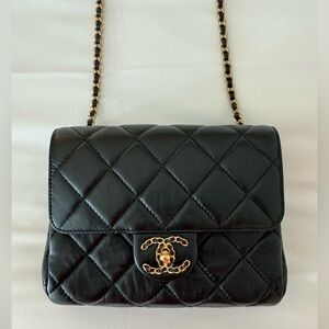 Auth CHANEL 23 mini flap classic black crossbody bag quilted lambskin braided CC